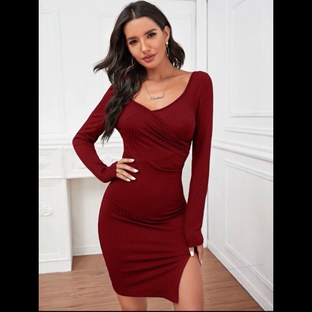 Surplice Neck Split Hem Bodycon Dress